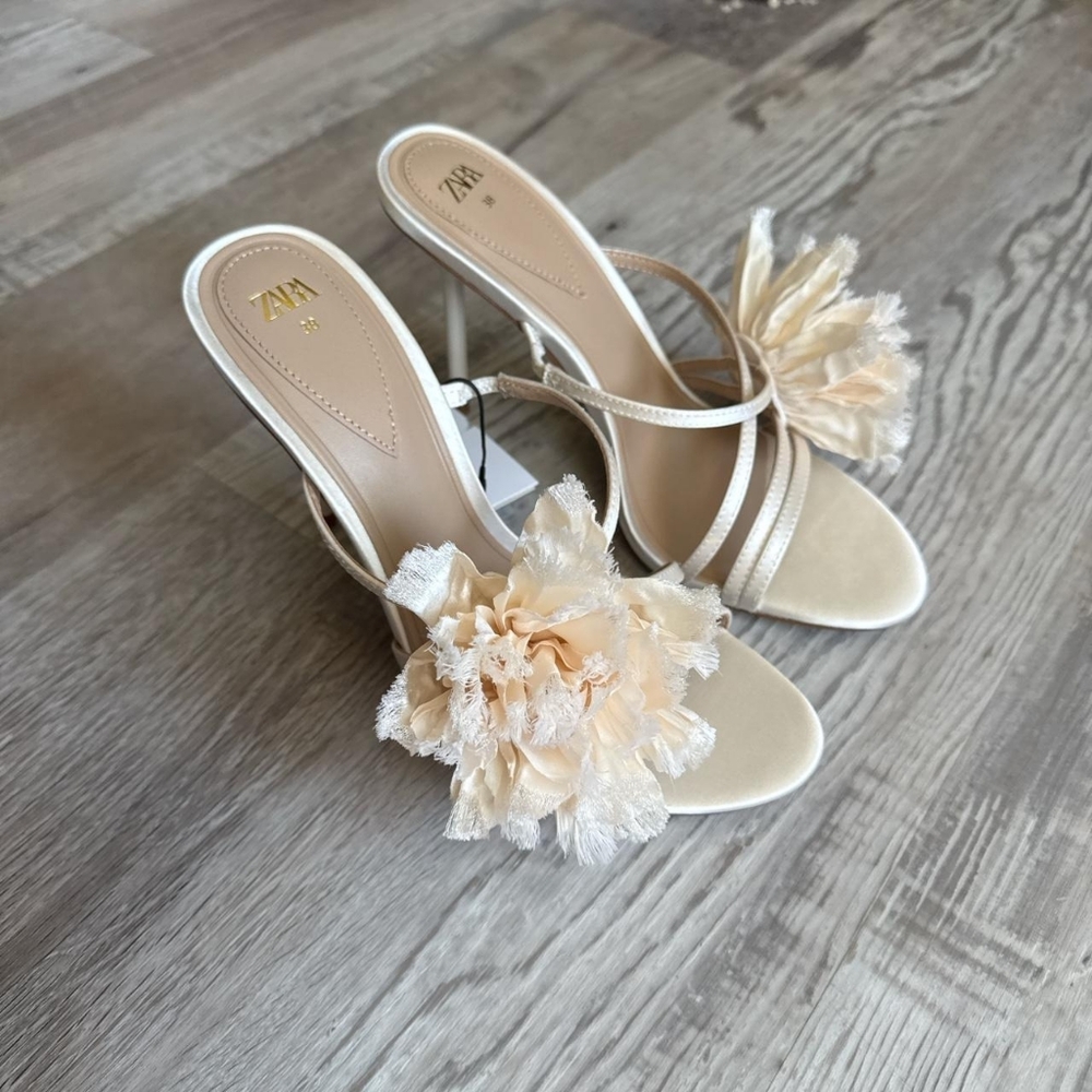 Zara White and Cream Flower Stiletto Heeled Sandals